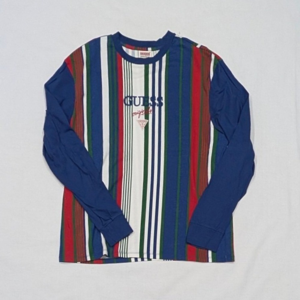 Guess Originals Mens Long Sleeve Striped T-Shirt Navy Blue Green Red Medium